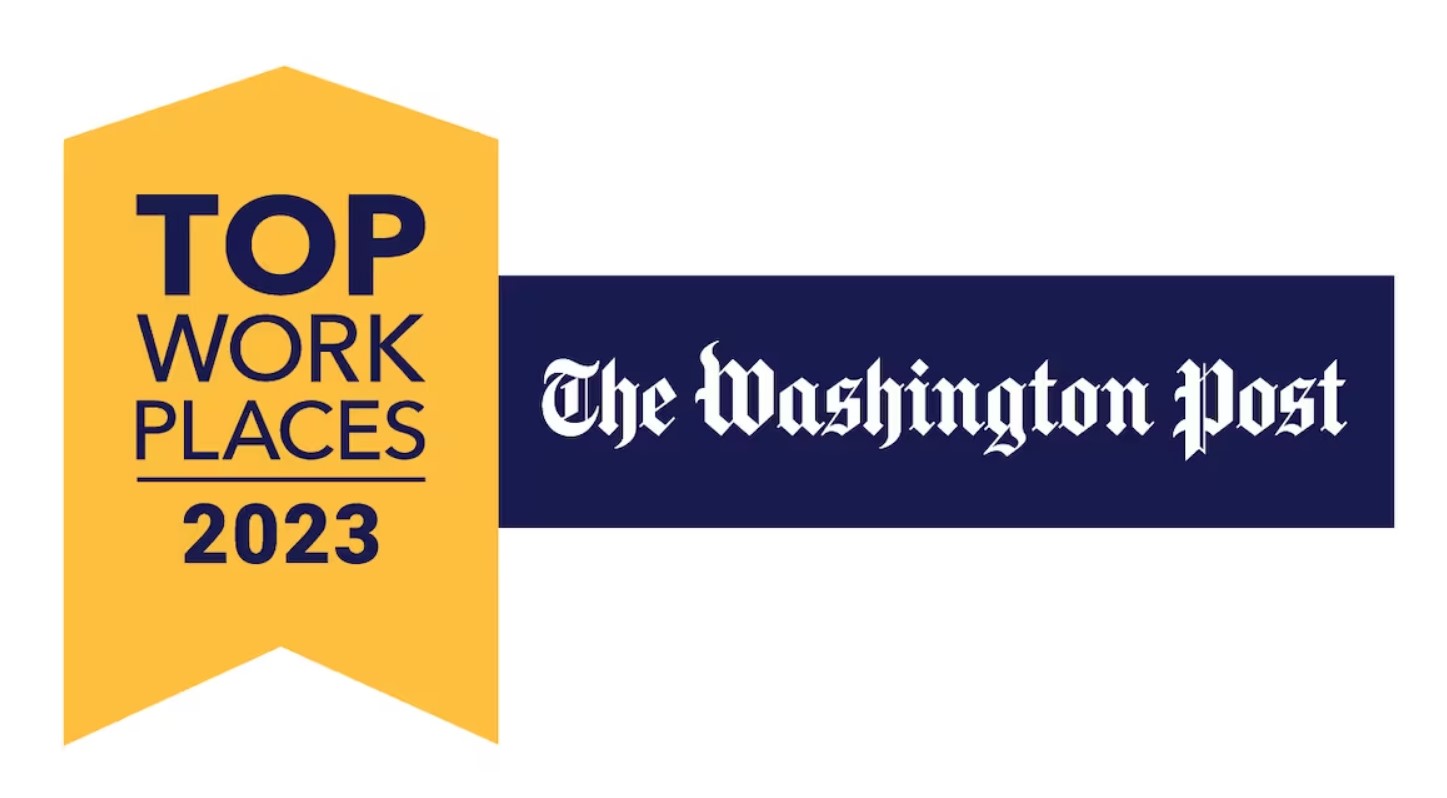Gold and navy badge reading "Top Workplaces, the Washington Post."